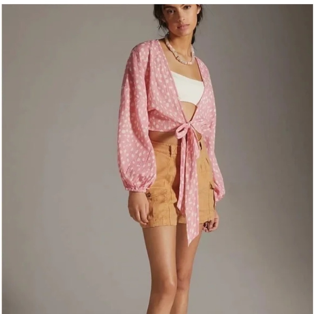 Anthropologie Pink and White Polkadot‎ Tie Front Kimono NWT